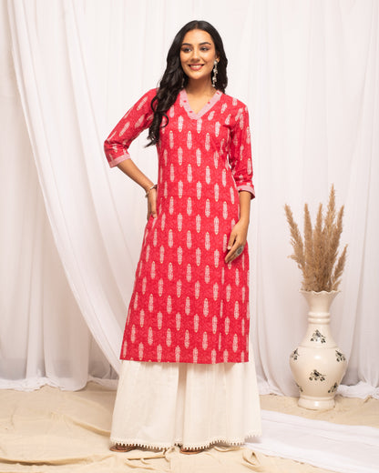 Women's Rani Pink Leaf Printed Cotton Straight Kurta