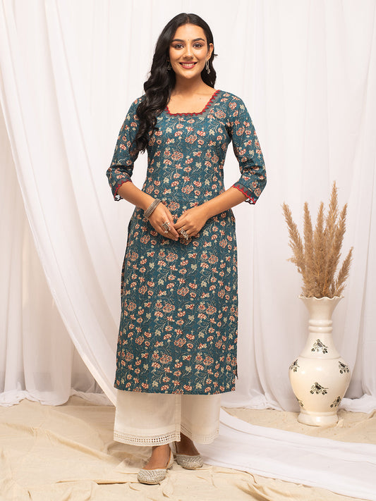 Dhiyona FL Women's Turquise Floral Printed Cotton Straight Kurta