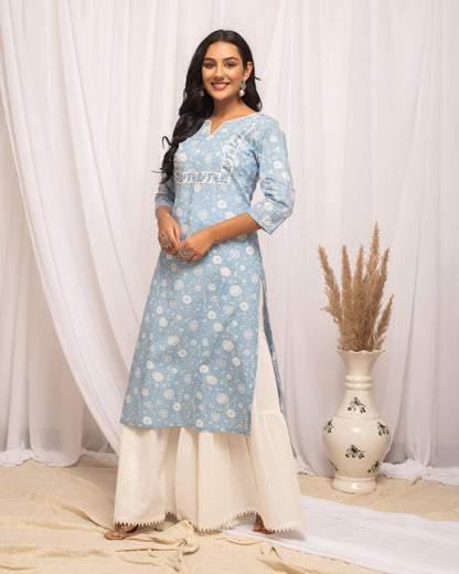 Women's Floral Printed Sky Blue Cotton Straight Kurta