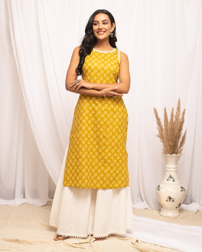 Women's Floral Printed Yellow Cotton Straight Kurta