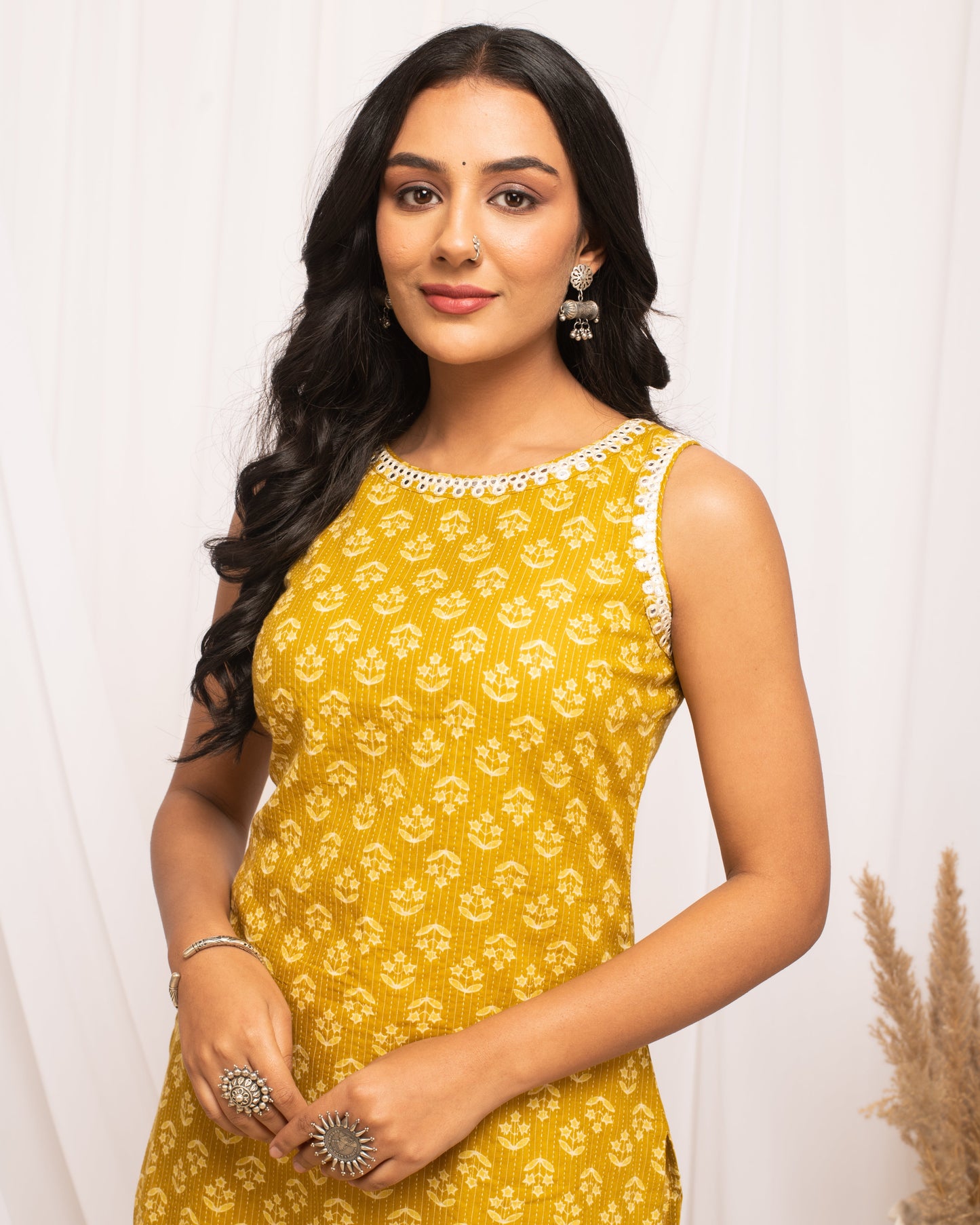 Women's Floral Printed Yellow Cotton Straight Kurta