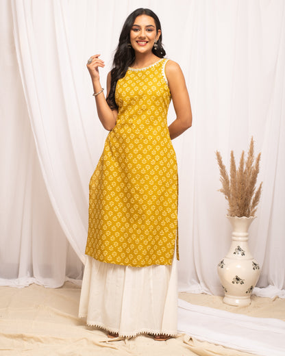 Women's Floral Printed Yellow Cotton Straight Kurta