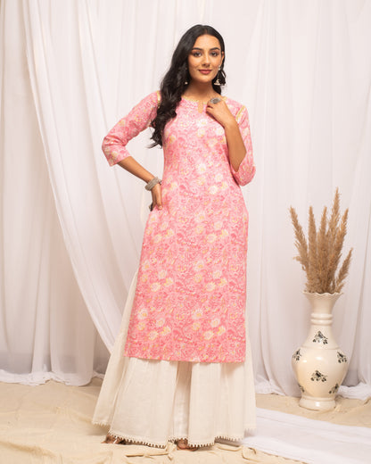 Women's Floral Printed Peach Cotton Straight Kurta