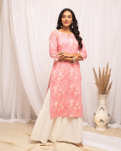 Women's Floral Printed Peach Cotton Straight Kurta
