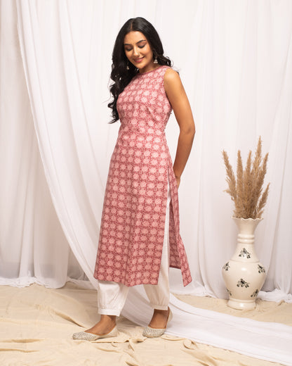 Women's Floral Printed Pink Cotton Straight Kurta
