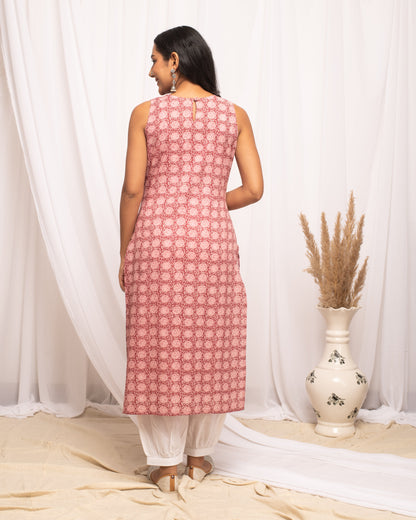 Women's Floral Printed Pink Cotton Straight Kurta