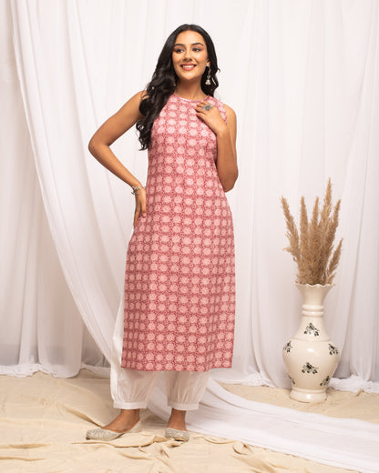 Women's Floral Printed Pink Cotton Straight Kurta