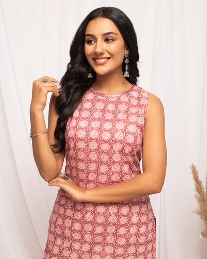 Women's Floral Printed Pink Cotton Straight Kurta