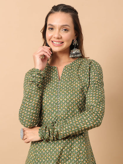 Women's Floral Printed Green Cotton A-Line Kurta