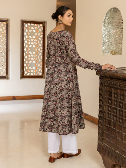 Dhiyona FL Women's Brown Paisley Printed Cotton Anarkali Kurta