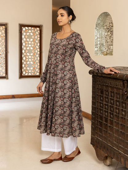 Dhiyona FL Women's Brown Paisley Printed Cotton Anarkali Kurta