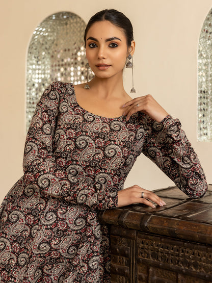 Dhiyona FL Women's Brown Paisley Printed Cotton Anarkali Kurta
