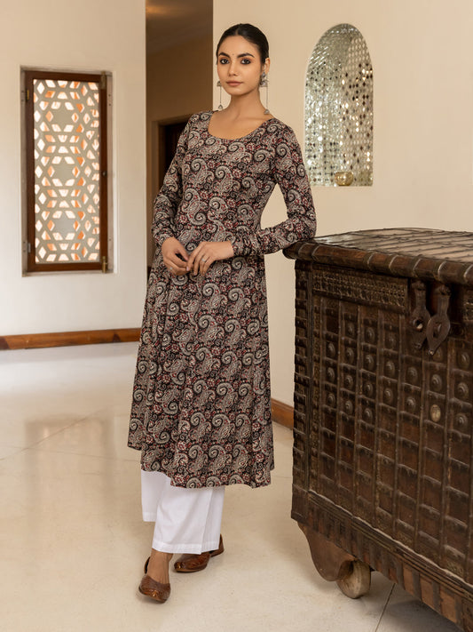 Dhiyona FL Women's Brown Paisley Printed Cotton Anarkali Kurta