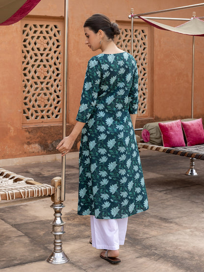 Dhiyona FL Women's Teal Floral Printed Cotton Flared Kurta