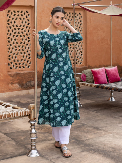 Dhiyona FL Women's Teal Floral Printed Cotton Flared Kurta