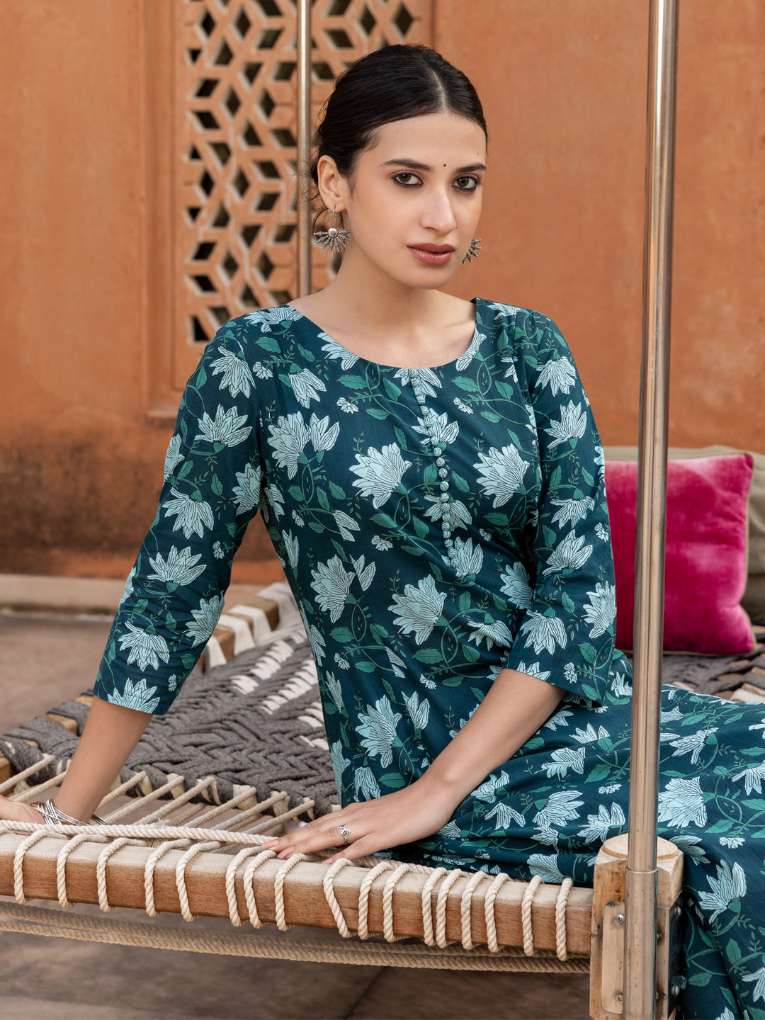 Dhiyona FL Women's Teal Floral Printed Cotton Flared Kurta