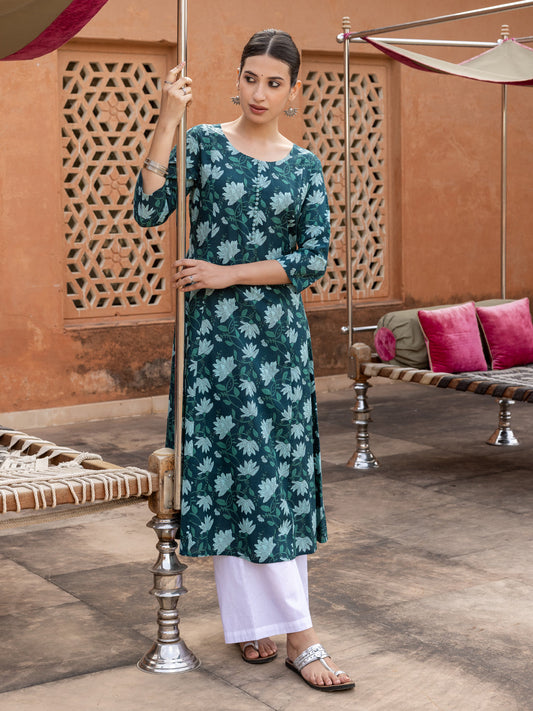 Dhiyona FL Women's Teal Floral Printed Cotton Flared Kurta