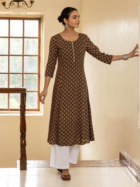 Dhiyona FL Women's Brown Floral Printed Cotton Flared Kurta