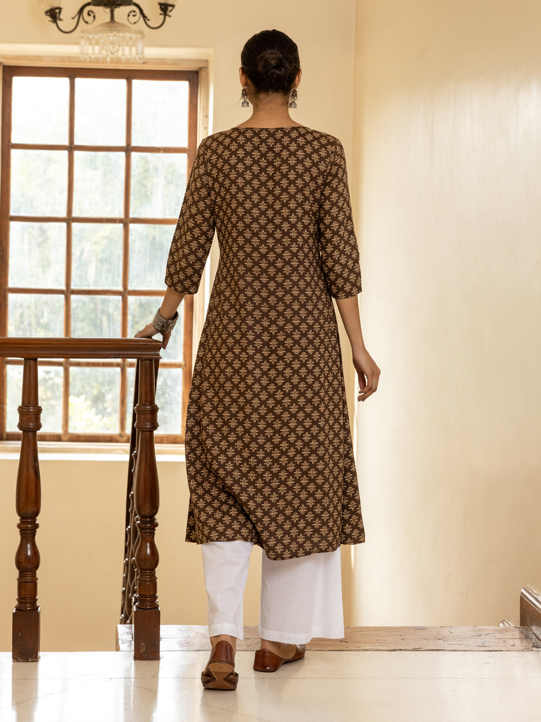 Dhiyona FL Women's Brown Floral Printed Cotton Flared Kurta