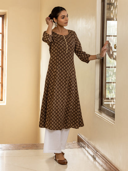 Dhiyona FL Women's Brown Floral Printed Cotton Flared Kurta
