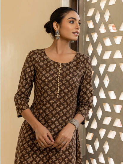 Dhiyona FL Women's Brown Floral Printed Cotton Flared Kurta