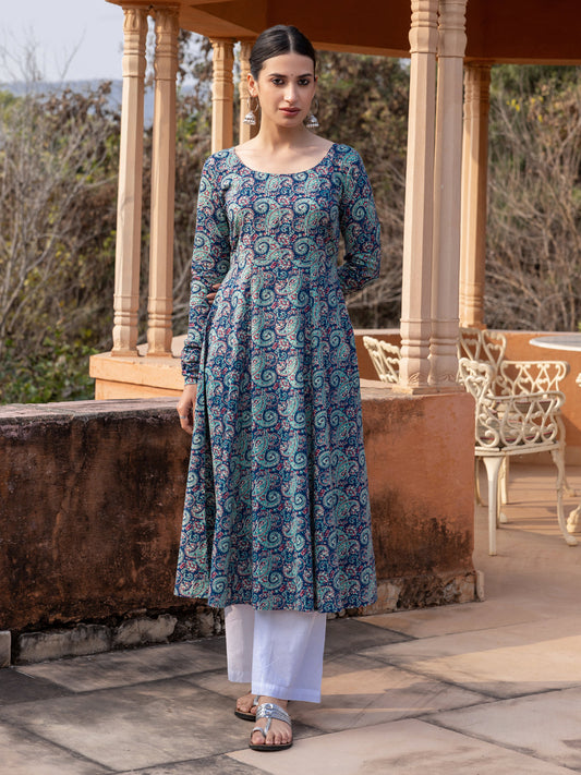 Dhiyona FL Women's Blue Paisley Printed Cotton Anarkali Kurta
