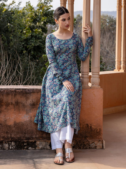 Dhiyona FL Women's Blue Paisley Printed Cotton Anarkali Kurta