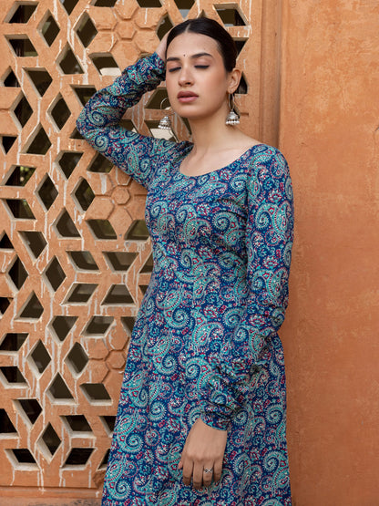 Dhiyona FL Women's Blue Paisley Printed Cotton Anarkali Kurta