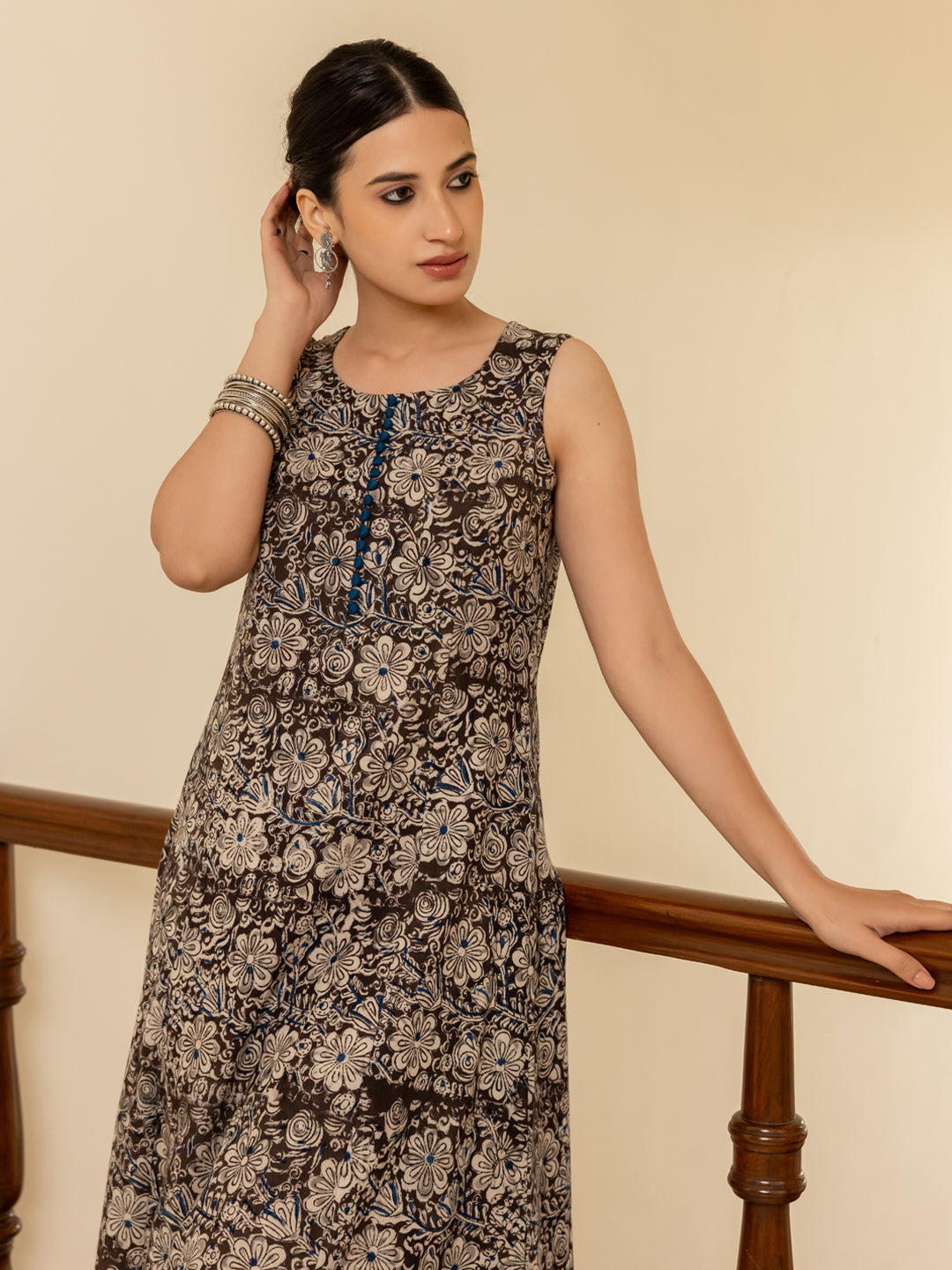 Dhiyona FL Women's Brown Floral Printed Cotton Flared Kurta