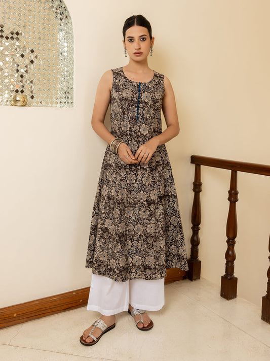 Dhiyona FL Women's Brown Floral Printed Cotton Flared Kurta