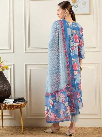Dhiyona IE Floral Printed Pure Cotton Kurta With Trousers & Dupatta