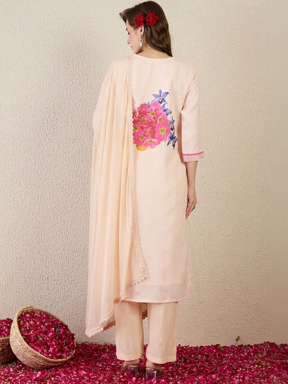 Women Floral Printed Regular Linen Kurta with Trousers & With Dupatta