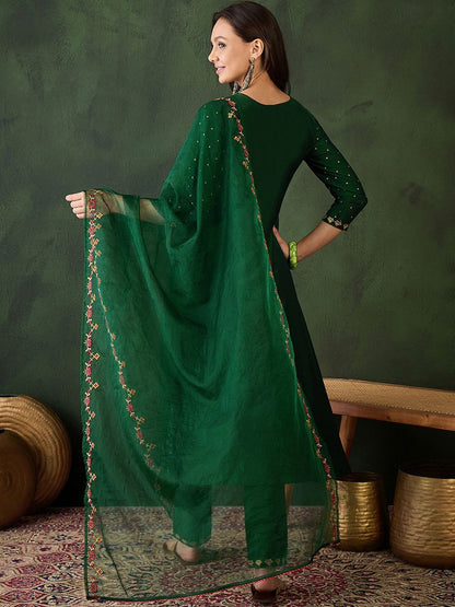 Dhiyona SN Women's Floral Embroidered Zari Sequence A Line Kurta & Trouser With Dupatta