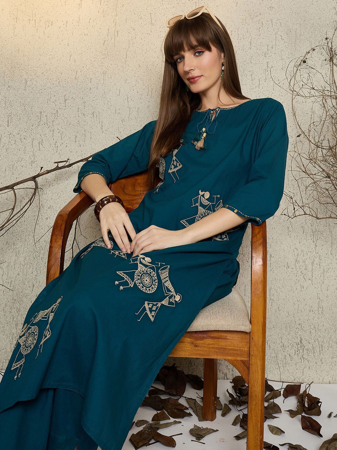Dhiyona IE Women Embroidered Round Neck Cotton Top and Trousers Co-Ords