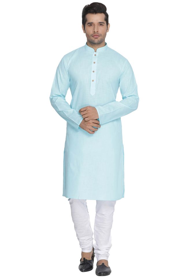 Men's Light Blue Cotton Linen Straight Kurta Pyjama Set