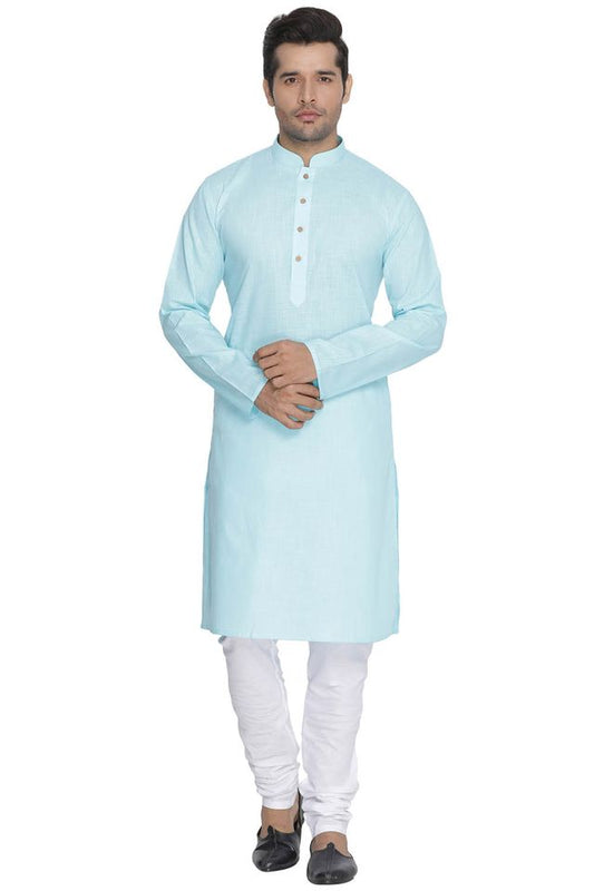 Men's Light Blue Cotton Linen Straight Kurta Pyjama Set