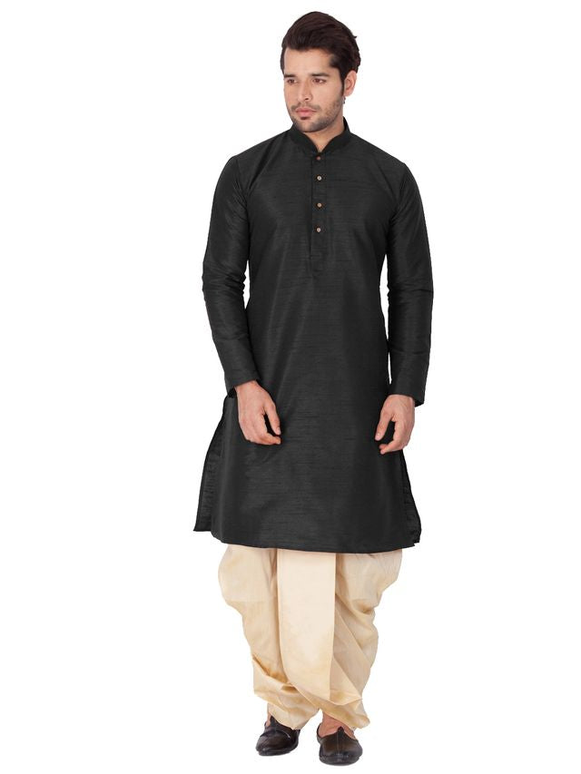 Men's Black Silk Blend Straight Kurta and Dhoti Set