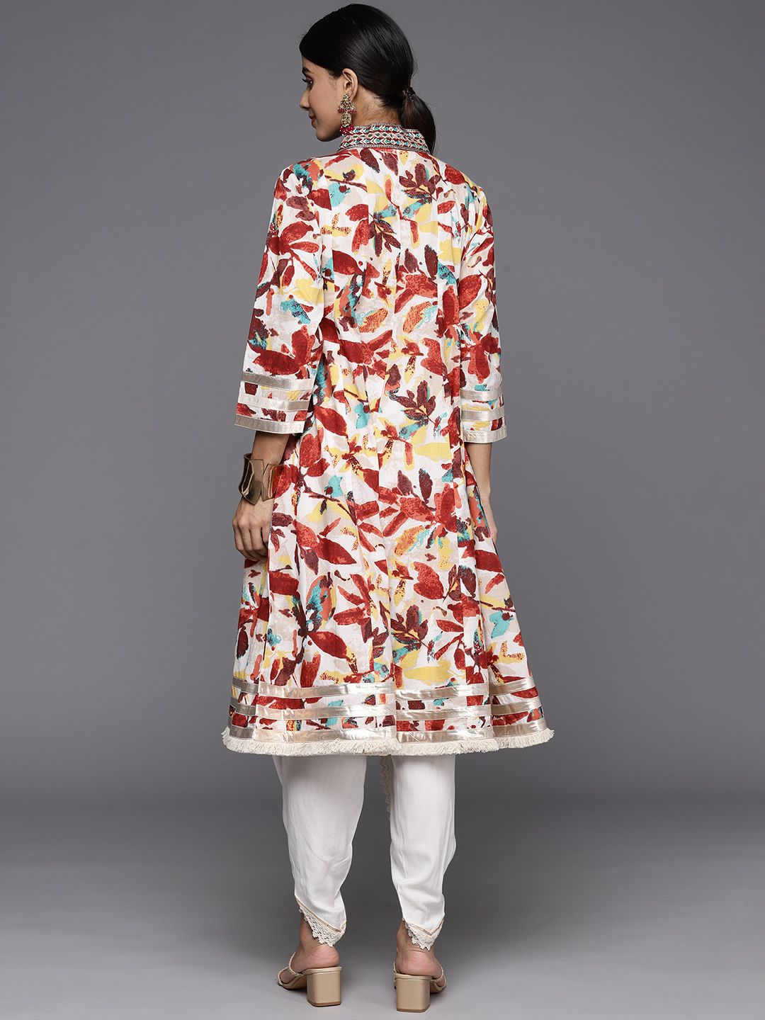 Dhiyona VA Women'sFloral Printed Panelled Mirror Work Pure Cotton Kurta With Dhoti Pants