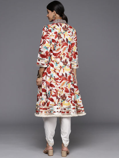 Dhiyona VA Women'sFloral Printed Panelled Mirror Work Pure Cotton Kurta With Dhoti Pants