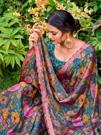 Women's Chiffon Teal blue Embellished Designer Saree With Blouse Piece