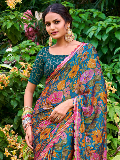 Women's Chiffon Teal blue Embellished Designer Saree With Blouse Piece