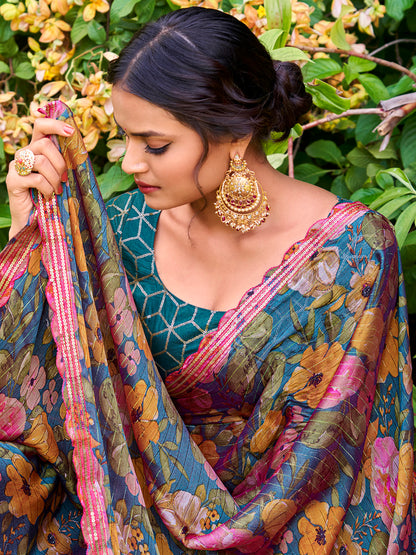 Women's Chiffon Teal blue Embellished Designer Saree With Blouse Piece
