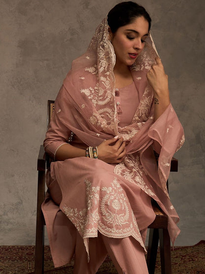 Floral Embroidered Thread Work Pure Cotton Straight Kurta & Trousers With Dupatta