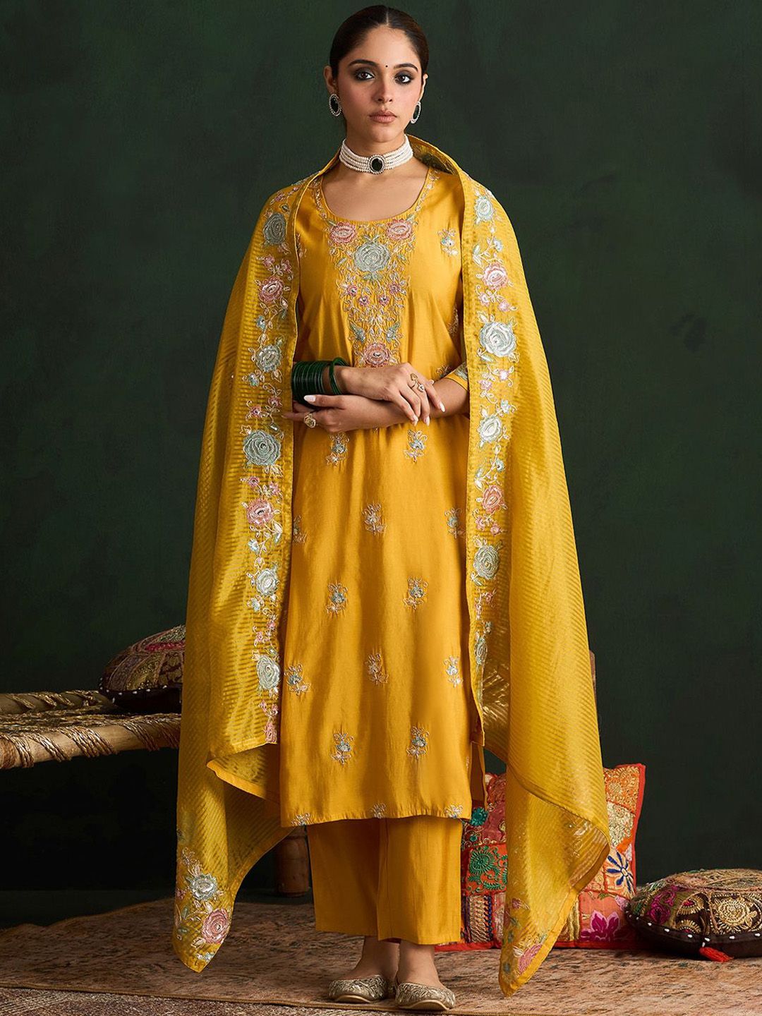 Dhiyona IE Mustard Yellow Floral Embroidered Straight Kurta with Trousers & Dupatta