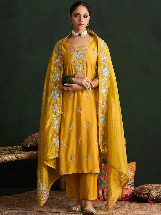 Dhiyona IE Mustard Yellow Floral Embroidered Straight Kurta with Trousers & Dupatta