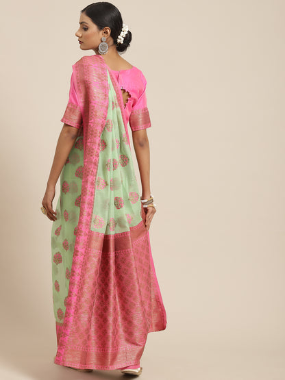 Women's Linen Blend Green Woven Design Woven saree With Blouse Piece