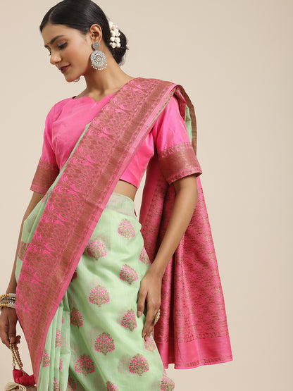 Women's Linen Blend Green Woven Design Woven saree With Blouse Piece