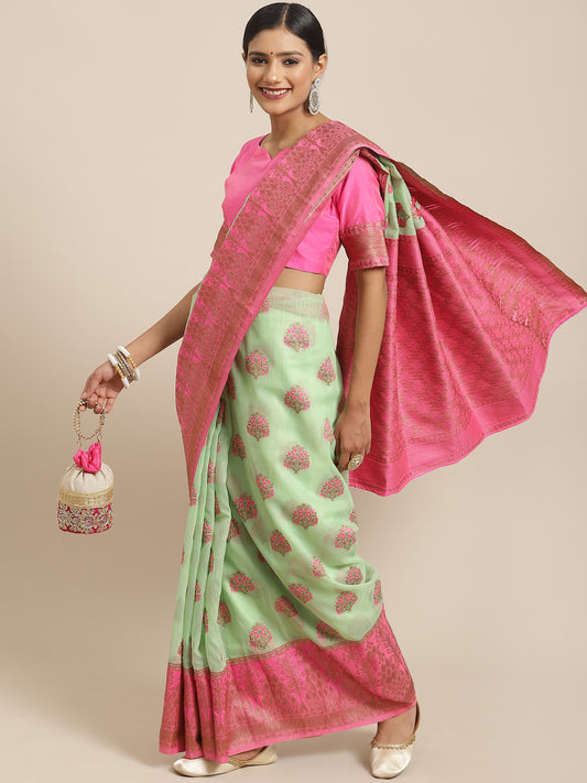 Women's Linen Blend Green Woven Design Woven saree With Blouse Piece