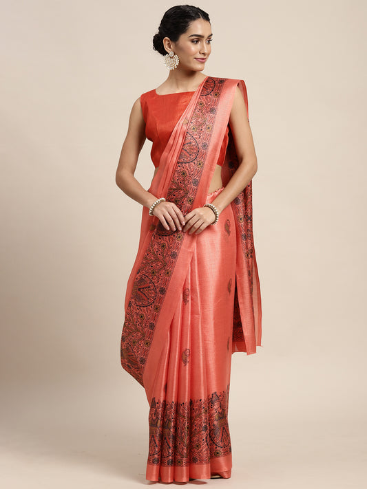 Women's Khadi Silk Peach Printed Celebrity Saree With Blouse Piece