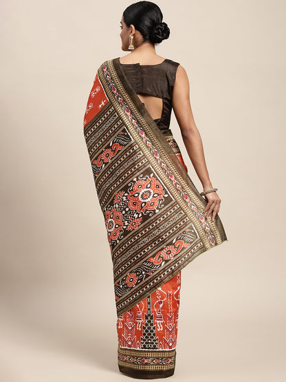 Women's Bhagalpuri Silk Orange Printed Celebrity Saree With Blouse Piece